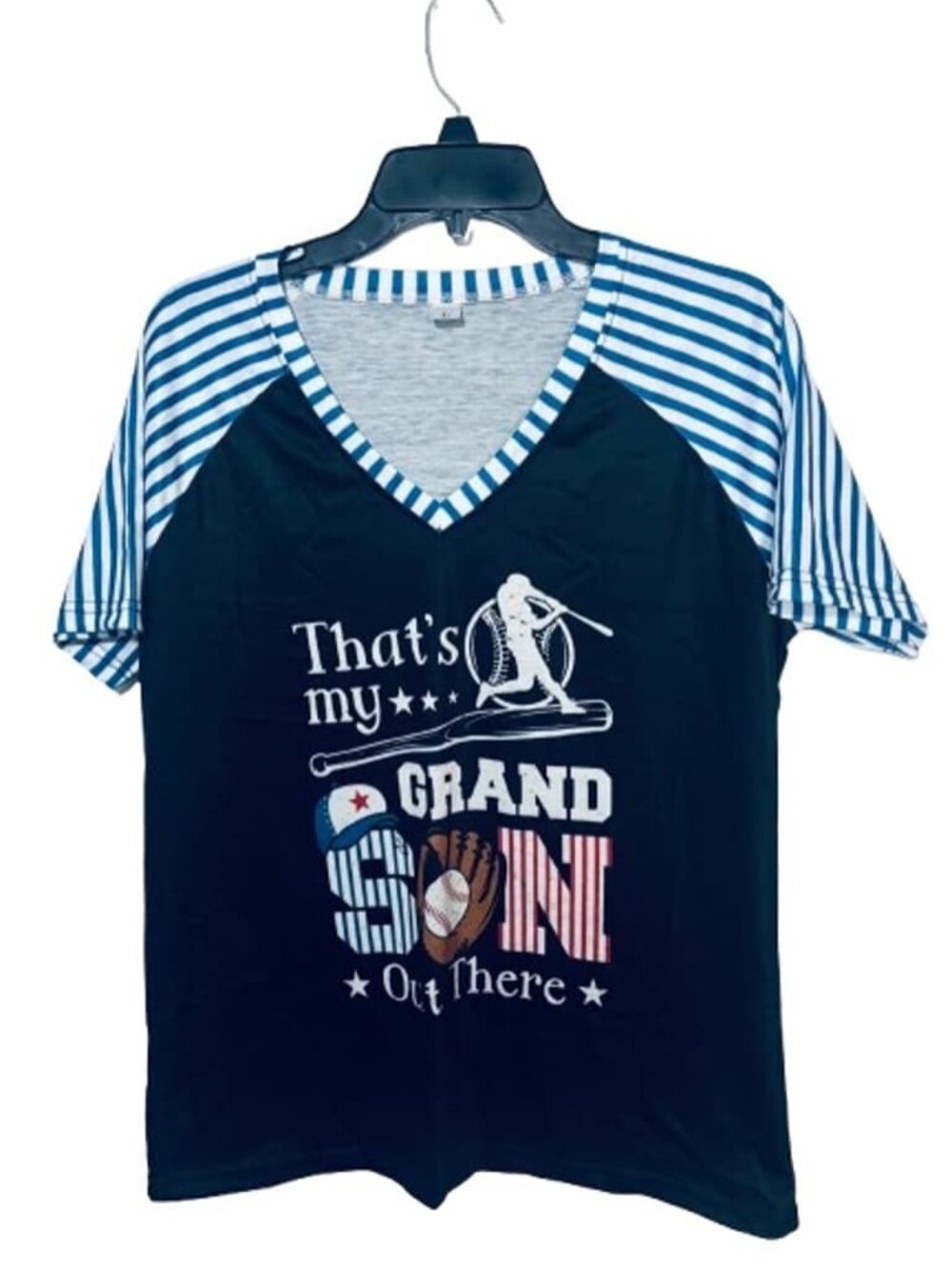 V-neck baseball tee with striped sleeves and "That's My Grandson Out There"